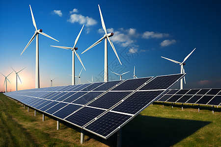 新能源风车草原的太阳能面板背景