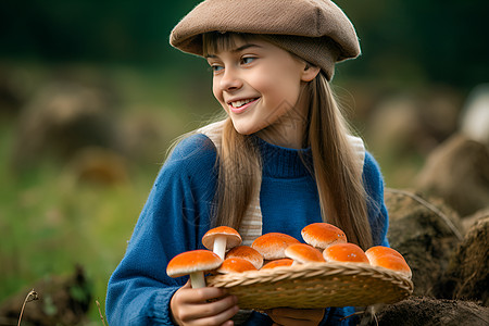 农场中采摘蘑菇的小女孩背景图片