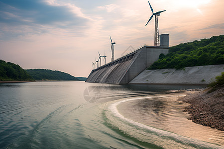 水库大坝上的风力涡轮机背景图片