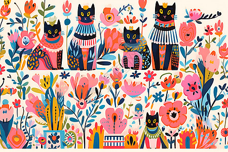 活泼多彩的猫咪花卉插画图片