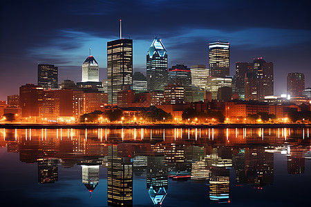 城市夜景倒映水中美丽背景图片