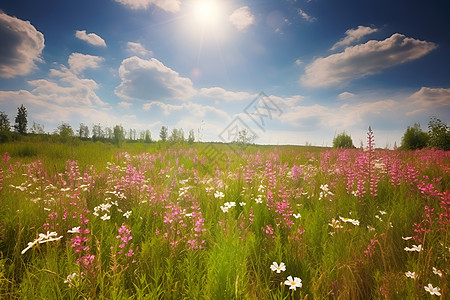 鲜花和草地田野里一片鲜花背景