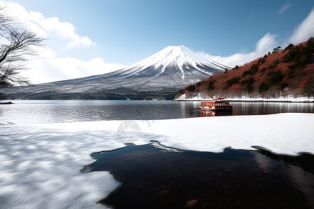 雪山湖畔与小船图片