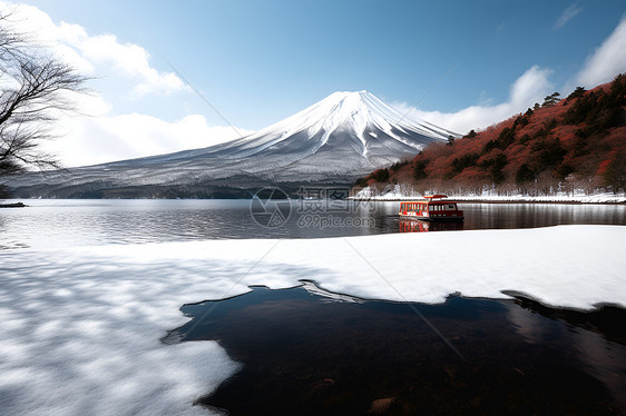 雪山湖畔与小船图片