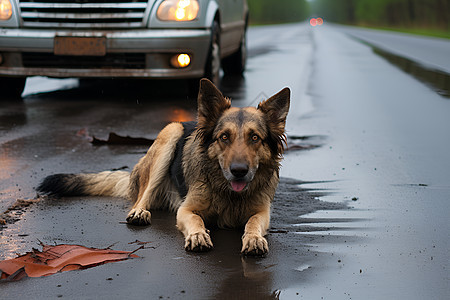 一只狗在雨天湿漉漉的道路边图片