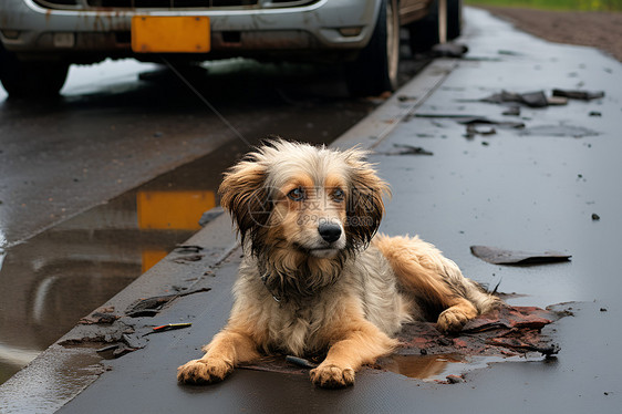 一只狗躺在湿滑的路上图片