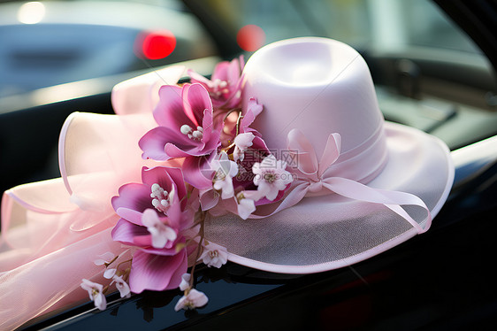 粉色帽子装饰的汽车图片