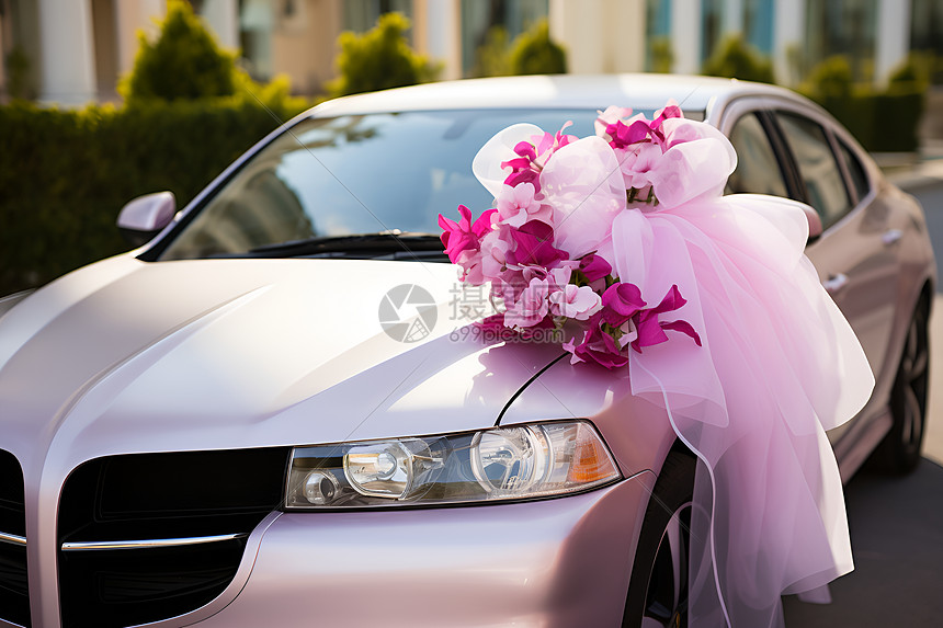 一辆装饰着粉色花朵的汽车图片