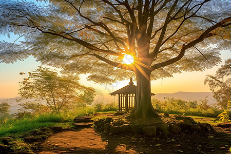 落日余晖下的树亭背景图片