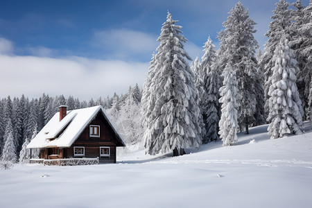 冬日林中的一座小屋图片