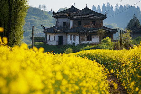田间黄花中的一座房子图片