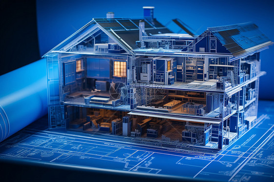 蓝图上的一个房屋模型图片
