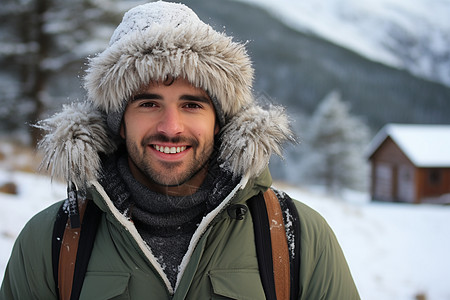 雪地房屋寒冬中戴帽子男人背景