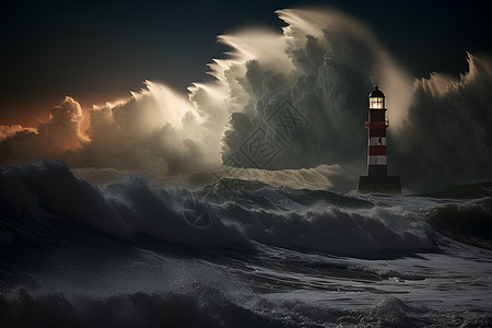 汹涌海浪中的灯塔图片