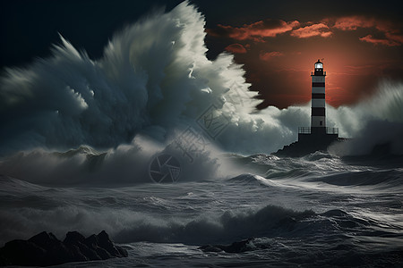 海洋中巨浪环绕的灯塔图片