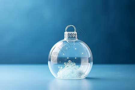 圣诞玻璃球冬日中的安全庇护冰雪飘萦的蓝色玻璃球背景