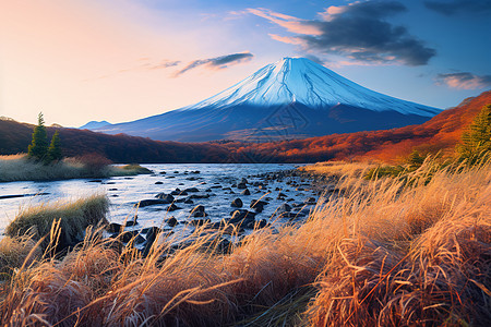 富士山下的山水图片