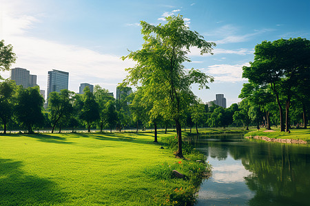 城市中央公园中央公园边的湖畔和草地背景