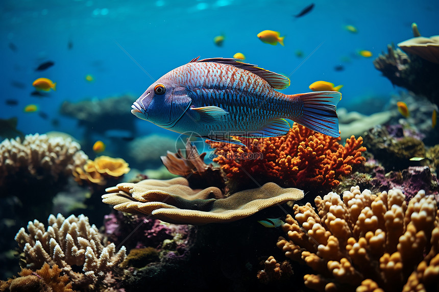 炫彩珊瑚礁中的一条鱼儿图片
