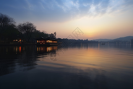 夏季日落西湖的美丽景观背景图片