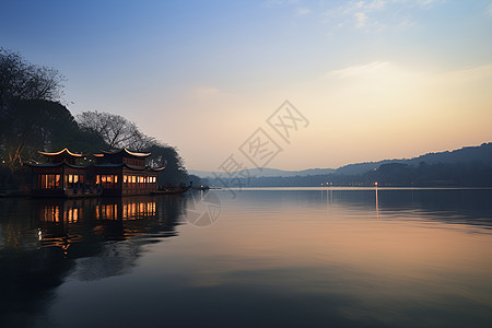 日落时西湖的美丽景观背景图片