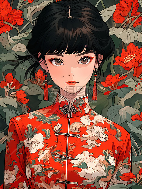 红裙花语的古风少女插图图片