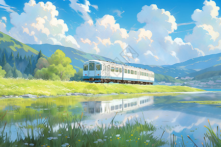 湖光山色中穿梭的火车列车图片