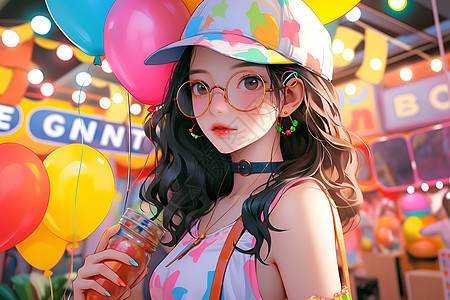 糖果色缤纷的夏季少女插图背景图片