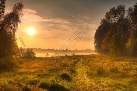 日出下的绿色田野背景图片
