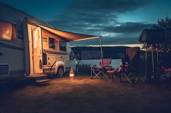 夏季湖畔露营的房车图片