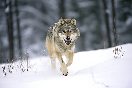 雪地中奔跑的野生狼图片