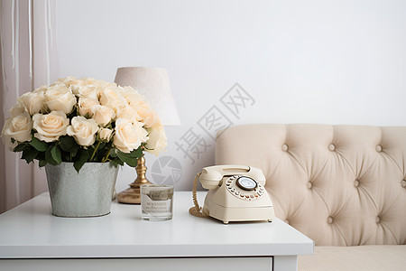 桌子上花束和电话背景图片