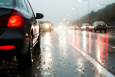 雨季道路上行驶的汽车图片
