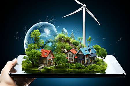 设计的房屋和风力涡轮机模型背景图片