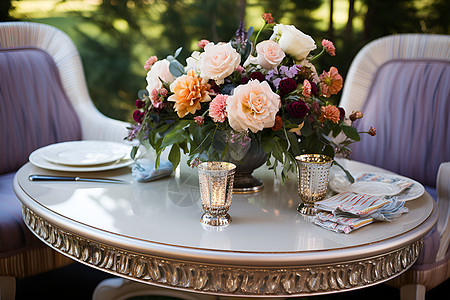 餐桌上的花束和餐具图片