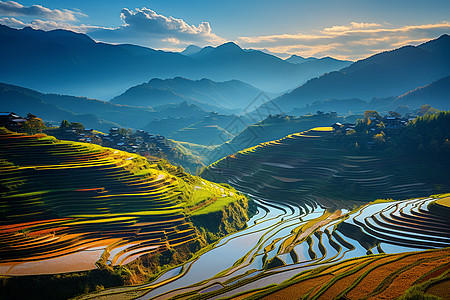 水稻田乡村农业种植的梯田背景