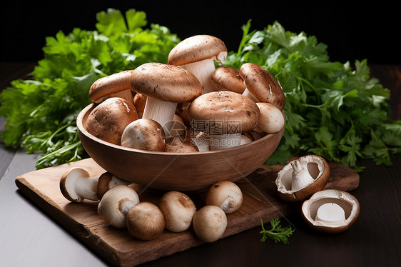 新鲜采摘的蘑菇食材图片