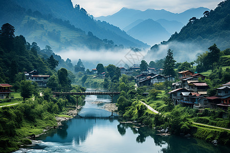 山脉中的建筑乡村背景图片