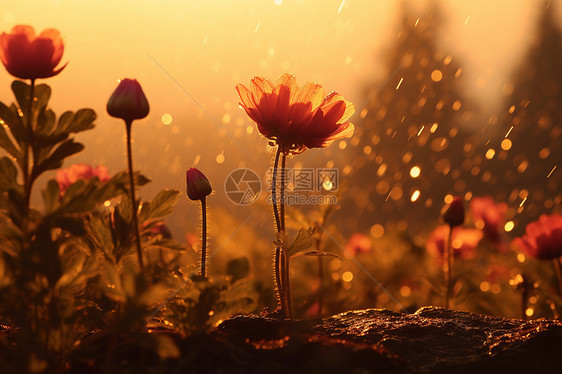 夏季雨天绽放的花海图片