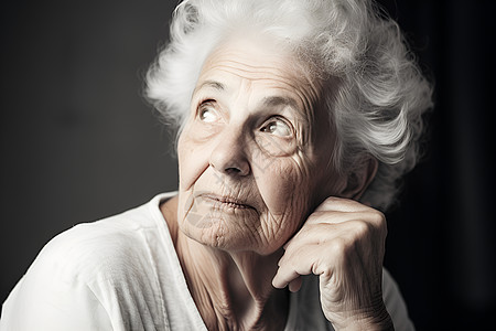 一位担忧的老年妇女看着某物思考白发苍苍疲倦而孤独图片