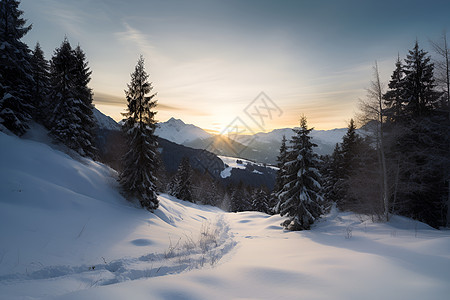 冬日山林中的雪景图片