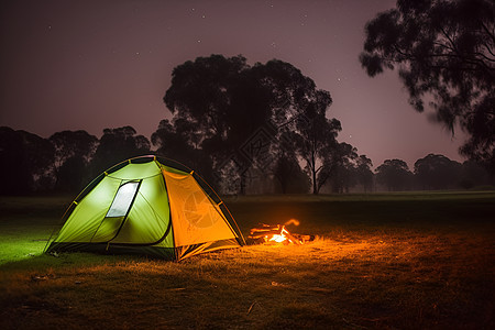 篝火映照下的帐篷背景图片