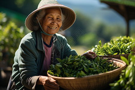 正在微笑的茶农图片