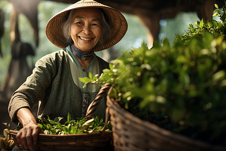 户外戴着草帽的茶农图片