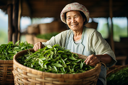 抱着篮子的茶农图片