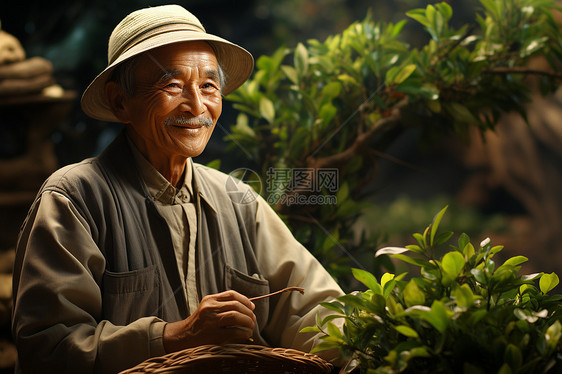 正在采摘茶叶的老年男士图片