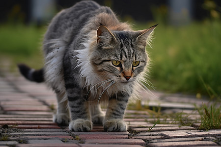 石路上的宠物猫咪图片