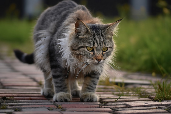 石路上的宠物猫咪图片