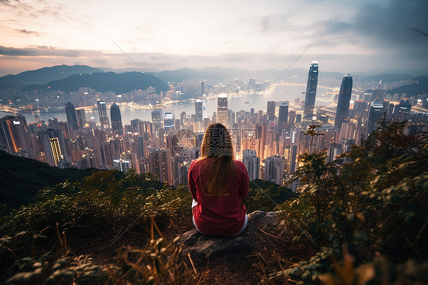 夜晚女子独坐山巅图片