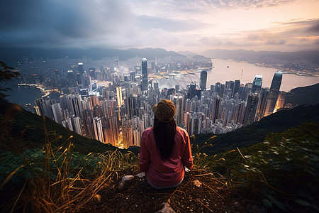 女子坐在山上俯瞰城市风光图片